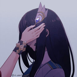 Rule 34 | 2girls, black hair, blue necktie, closed mouth, commentary request, crossover, from side, frown, grey background, hand on another&#039;s head, hand up, headset, inoue takina, long hair, lowres, lycoris recoil, magia record: mahou shoujo madoka magica gaiden, mahou shoujo madoka magica, multiple girls, necktie, nishikigi chisato, official alternate costume, profile, rt enpt, simple background, soul gem, twitter username, upper body, wristband