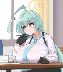 Rule 34 | 1girl, ahoge, black gloves, black skirt, blue archive, blue necktie, blush, breast rest, breasts, collared shirt, desk, gloves, green eyes, halo, highres, holding, holding pen, huge ahoge, large breasts, long hair, loose necktie, necktie, overall skirt, paper stack, pen, pleated skirt, school desk, shirt, skirt, solo, very long hair, white shirt, yellow eyes, yume (blue archive), yuuichi (reductionblack)
