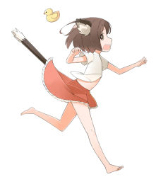 Rule 34 | 1girl, animal ears, barefoot, brown eyes, brown hair, cat ears, cat girl, cat tail, chen, child, female focus, full body, multiple tails, nakashino setsu, navel, no headwear, open mouth, profile, rubber duck, running, short hair, simple background, solo, tail, touhou, white background