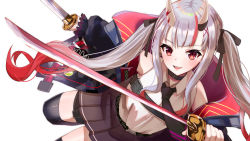 Rule 34 | 1girl, belt, black belt, black collar, black jacket, black necktie, black thighhighs, blush, brown skirt, chest belt, collar, collared shirt, dress shirt, dual wielding, fang, gradient hair, hair ornament, hair ribbon, hairclip, highres, holding, holding sword, holding weapon, hololive, horns, jacket, katana, koisuke, long hair, looking at viewer, miniskirt, multicolored hair, nakiri ayame, necktie, off shoulder, oni, open mouth, pleated skirt, red eyes, red hair, ribbon, shirt, silver hair, skin-covered horns, skirt, smile, solo, streaked hair, sword, thigh strap, thighhighs, twintails, virtual youtuber, weapon, white shirt, x hair ornament
