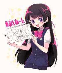 Rule 34 | 1girl, black hair, bow, bowtie, clover background, hair ornament, hairclip, highres, holding, long hair, looking at viewer, nijisanji, open mouth, pen, pink bow, pink bowtie, purple eyes, school uniform, sketchbook, smile, solo, translation request, tsukino mito, tsukino mito (3rd costume), tsunoji, virtual youtuber