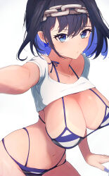 Rule 34 | 1girl, absurdres, bikini, black hair, blue bikini, blue eyes, blue hair, blue nails, bow, bow earrings, breasts, chain headband, cleavage, closed mouth, clothes lift, clothes pull, collarbone, colored inner hair, commentary, earrings, g-string, getto, hair intakes, headband, highres, hololive, hololive english, jewelry, large breasts, looking at viewer, multicolored bikini, multicolored clothes, multicolored hair, nail polish, navel, ouro kronii, shirt, shirt lift, short hair, solo, striped bikini, striped clothes, swimsuit, symbol-only commentary, t-shirt, tan, tanline, thong, vertical-striped bikini, vertical-striped clothes, virtual youtuber