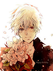Rule 34 | 10s, 1boy, backlighting, blush, bouquet, flower, happy birthday, heterochromia, holding, holding bouquet, kaneki ken, looking at viewer, male focus, petals, red eyes, rose, short hair, smile, solo, tears, tokyo ghoul, white hair