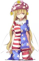 Rule 34 | 1girl, american flag dress, american flag legwear, blonde hair, breasts, clothes pull, clownpiece, fairy wings, female focus, hat, jester cap, kamukamu (ars), kneeling, large breasts, long hair, one eye closed, pantyhose, pantyhose pull, pink eyes, smile, solo, tongue, tongue out, touhou, very long hair, wings