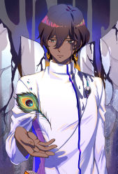 Rule 34 | 1boy, arjuna (fate), bishounen, black eyes, brown hair, dark-skinned male, dark skin, earrings, fate/grand order, fate (series), feathers, floating, floating object, head out of frame, highres, jewelry, lalatia-meai, male focus, peacock feathers, slime (substance), solo focus, upper body