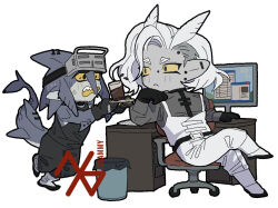 Rule 34 | 2boys, :&lt;, antennae, artist logo, artist name, black eyes, black gloves, closed mouth, clumsy, colored sclera, commission, crossed legs, desk, drink, ear piercing, elbow rest, fins, fish tail, full body, gloves, goggles, goggles on head, grey hair, head rest, holding, holding plate, jssammy zhou, long sleeves, looking at another, male focus, monitor, monster boy, multiple boys, nose piercing, open mouth, original, overalls, piercing, plate, pointy ears, shark boy, shark tail, sharp teeth, short eyebrows, short hair, sidelocks, simple background, sitting, solo, sweat, swivel chair, tail, tank top, teeth, trash can, white background, white overalls, yellow sclera
