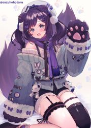 Rule 34 | aiba uiha, animal hands, blue eyes, gloves, hand up, hat, looking at viewer, mole, mole under eye, nijisanji, open mouth, paw gloves, pom pom (clothes), purple hair, purple scarf, scarf, shorts, single thighhigh, sitting, suzuho hotaru, sweater, thighhighs, twintails, twitter username, virtual youtuber, wariza