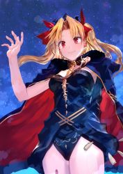 Rule 34 | 1girl, arm behind back, black cape, blonde hair, bob (biyonbiyon), cape, commentary request, cowboy shot, crying, crying with eyes open, earrings, ereshkigal (fate), fate/grand order, fate (series), fur-trimmed cape, fur trim, hair ribbon, highres, jewelry, long hair, looking away, multicolored cape, multicolored clothes, night, parted bangs, red cape, red eyes, ribbon, sky, smile, solo, spine, star (sky), starry sky, tears, two side up