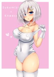 Rule 34 | 10s, 1girl, :o, alternate costume, blue eyes, blush, border, breasts, collarbone, covered erect nipples, covered navel, cowboy shot, eyebrows, gloves, hair ornament, hair over one eye, hairclip, hamakaze (kancolle), kantai collection, large breasts, one-piece swimsuit, pink background, shiny clothes, short hair, skindentation, solo, swimsuit, thighhighs, white border, white gloves, white hair, white one-piece swimsuit, white thighhighs, yahiro (anhnw)