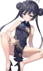 Rule 34 | 1girl, bare legs, black eyes, black footwear, black hair, blue archive, blush, bottle, breasts, butterfly hair ornament, china dress, chinese clothes, closed mouth, double bun, dragon print, dress, hair bun, hair ornament, halo, high heels, highres, holding, holding bottle, kisaki (blue archive), legs, long hair, looking at viewer, milk, milk bottle, milk mustache, pelvic curtain, rangen, side slit, simple background, sitting, sleeveless, sleeveless dress, small breasts, solo, twintails, white background