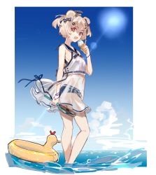 Rule 34 | 1girl, absurdres, animal ears, arknights, bare legs, bear ears, bikini, blonde hair, blue bikini, blue sky, blush, breasts, cloud, cloudy sky, commentary, cropped shirt, dated commentary, day, food, food on face, frying pan, gummy (arknights), gummy (summer flowers) (arknights), hair ribbon, hat, highres, holding, holding food, holding frying pan, ice cream, innertube, karasu btk, lens flare, looking at viewer, mini hat, ocean, official alternate costume, open mouth, outdoors, red eyes, ribbon, sailor collar, see-through, see-through skirt, shirt, short hair, skirt, sky, small breasts, smile, solo, sun, swim ring, swimsuit, twintails, wading, white shirt, wristband