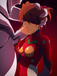 Rule 34 | 1boy, 1girl, alternate hairstyle, bodysuit, breasts, brown hair, erection, evangelion: 3.0+1.0 thrice upon a time, fellatio, hand on another&#039;s head, hetero, highres, hirume, large penis, mass production eva, monster boy, neon genesis evangelion, oral, penis, pilot suit, plugsuit, rebuild of evangelion, red background, red bodysuit, saliva, saliva trail, shiny clothes, simple background, size difference, small breasts, souryuu asuka langley