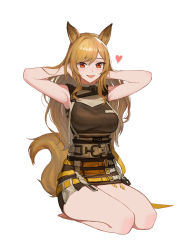 Rule 34 | 1girl, absurdres, animal ears, arknights, armpits, arms behind head, asymmetrical bangs, bare legs, barefoot, blush, breasts, brown shirt, brown skirt, ceobe (arknights), dog ears, dog tail, fang, full body, hands in hair, heart, highres, jason kim, korean commentary, light brown hair, long hair, looking at viewer, material growth, medium breasts, miniskirt, open mouth, oripathy lesion (arknights), parted bangs, red eyes, seiza, shirt, simple background, sitting, skin fang, skirt, skirt set, sleeveless, sleeveless shirt, smile, solo, strap, tail, thighs, white background