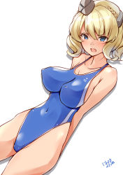 Rule 34 | 1girl, arms behind back, artist name, blonde hair, blue eyes, blue one-piece swimsuit, braid, breasts, collarbone, colorado (kancolle), commentary request, cowboy shot, garrison cap, grey hat, hat, hazuki futahi, headgear, highleg, highleg swimsuit, highres, impossible clothes, impossible swimsuit, kantai collection, large breasts, navel, one-hour drawing challenge, one-piece swimsuit, short hair, side braids, simple background, solo, swimsuit, white background