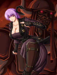 Rule 34 | 1girl, alternate costume, armor, ayane (doa), breasts, cleavage, collarbone, dead or alive, dead or alive 3, evil smile, gauntlets, genra (doa), greaves, headband, highres, japanese clothes, large breasts, mask, mucoro, ninja, oni mask, purple hair, red eyes, short hair, smile