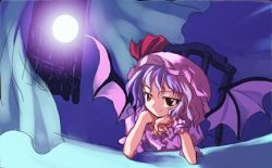 Rule 34 | 1girl, alphes, artist request, bat wings, blue hair, head rest, curtains, female focus, full moon, hat, hat ribbon, immaterial and missing power, indoors, jpeg artifacts, moon, night, red eyes, remilia scarlet, ribbon, short hair, sky, smile, solo, touhou, window, wings, wrist cuffs