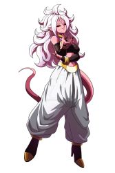 Rule 34 | 1girl, alternate form, android 21, ankle boots, bare shoulders, black nails, black sclera, boots, bracelet, breasts, cleavage, colored sclera, colored skin, dragon ball, dragon ball fighterz, earrings, eating, harem pants, high heel boots, high heels, highres, hoop earrings, jewelry, light purple hair, looking at viewer, majin android 21, messy hair, nail polish, navel, pants, pink skin, pointy ears, red eyes, solo, spoilers, stomach, strapless, tail, toned, tube top