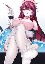 Rule 34 | 1girl, alternate costume, blush, breasts, crossed legs, elbow gloves, feet, genshin impact, gloves, hat, highres, large breasts, looking at viewer, needle, no shoes, nurse, nurse cap, open mouth, red eyes, red hair, rosaria (genshin impact), scissors, short hair, short sleeves, sitting, slime (genshin impact), soles, solo, syringe, thighhighs, toes, veil, white gloves, white thighhighs, yukinoshita (shaonjishi)