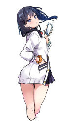 Rule 34 | 10s, 1girl, ass, black hair, black skirt, blue eyes, blush, bow, cardigan, cellphone, closed mouth, commentary request, gridman universe, hand in pocket, hayakawa harui, highres, holding, holding phone, long hair, long sleeves, looking at viewer, looking back, microskirt, orange scrunchie, phone, pleated skirt, red bow, red neckwear, school uniform, scrunchie, shirt, simple background, sketch, skirt, solo, ssss.gridman, standing, sweater, takarada rikka, thighs, white background, white cardigan, white shirt, white sweater, wrist scrunchie