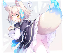 Rule 34 | 1girl, ?, animal ear fluff, animal ears, ass, blouse, blush, fox ears, fox girl, fox tail, kito (sorahate), lifted by tail, long sleeves, looking at viewer, looking back, original, pantyhose, shirt, short eyebrows, short hair, simple background, solo, spoken question mark, tail, thick eyebrows, white background, white hair, white pantyhose, white shirt, yellow eyes
