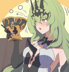Rule 34 | 1girl, black gloves, breasts, couch, cup, dress, drunk, elbow gloves, fopasu, gloves, green eyes, green hair, holding, holding cup, honkai (series), honkai impact 3rd, mobius (honkai impact), no bra, slit pupils, small breasts, white dress