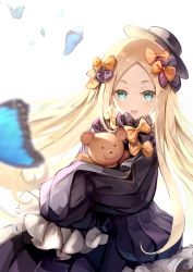 Rule 34 | 1girl, abigail williams (fate), absurdres, backlighting, bad id, bad pixiv id, black bow, black dress, black hat, blonde hair, blue eyes, blush, bow, bug, butterfly, dampi, dress, fate/grand order, fate (series), forehead, hair bow, hat, highres, insect, long hair, long sleeves, looking at viewer, multiple hair bows, orange bow, parted bangs, polka dot, polka dot bow, ribbed dress, simple background, sleeves past fingers, sleeves past wrists, solo, stuffed animal, stuffed toy, teddy bear, white background
