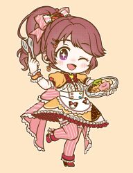 Rule 34 | 1girl, absurdres, blush, brown hair, doughnut, doughnut earrings, dress, earrings, food, food-themed earrings, food-themed hair ornament, hair ornament, hairclip, high heels, highres, holding, holding tongs, idolmaster, idolmaster cinderella girls, idolmaster cinderella girls starlight stage, jewelry, open mouth, ponytail, shiina noriko, short sleeves, solo, sparkling eyes, sprinkles, standing, standing on one leg, striped clothes, striped thighhighs, syoko66, thighhighs, tongs, vertical-striped clothes, vertical-striped thighhighs, wrist cuffs
