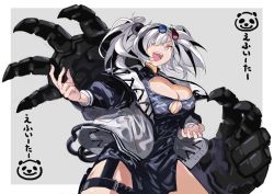 Rule 34 | 1girl, animal ears, arknights, asymmetrical eyewear, black dress, black hair, black jacket, breasts, character name, china dress, chinese clothes, claw pose, cleavage, cleavage cutout, clothing cutout, commentary, cowboy shot, dress, eyewear on head, fang, feater (arknights), fighting stance, grey background, hair between eyes, hair over one eye, jacket, large breasts, legs apart, letterman jacket, looking at viewer, mechanical arms, medium hair, megame (okbnkn), multicolored clothes, multicolored hair, multicolored jacket, open clothes, open jacket, open mouth, orange eyes, outstretched arm, outstretched hand, panda ears, pelvic curtain, round eyewear, silver hair, simple background, smile, solo, standing, streaked hair, teeth, thigh strap, thighs, tinted eyewear, twintails, two-tone hair, two-tone jacket, upper teeth only, v-shaped eyebrows, white jacket