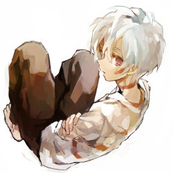Rule 34 | 1boy, bad id, bad pixiv id, barefoot, full body, looking back, male focus, no.6, red eyes, shion (no.6), shirt, short hair, solo, soto, white background, white hair