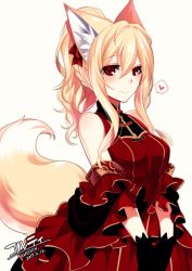 Rule 34 | 1girl, animal ears, bare shoulders, black gloves, blonde hair, blush, bow, closed mouth, commentary request, dated, dress, fox ears, fox tail, gloves, hair between eyes, hair bow, heart, konshin, layered dress, looking at viewer, original, ponytail, red bow, red dress, red eyes, signature, smile, solo, spoken heart, tail, upper body, white background