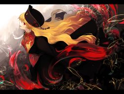 Rule 34 | 1girl, bad id, bad twitter id, black dress, blonde hair, chinese clothes, dress, energy, flower, hat, hichiko, junko (touhou), letterboxed, lily (flower), long hair, long sleeves, multiple tails, open mouth, red eyes, ribbon, sash, smile, solo, tabard, tail, touhou, very long hair, wide sleeves