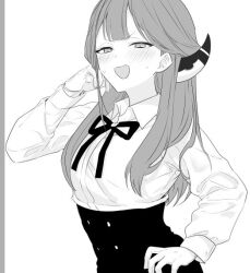 Rule 34 | 1girl, aru (blue archive), blue archive, blush, collared shirt, demon horns, greyscale, hair between eyes, hand on own hip, high-waist skirt, horns, inotukuhito, leaning back, long hair, long sleeves, looking at viewer, monochrome, neck ribbon, open mouth, ribbon, shirt, shirt tucked in, skirt, solo, sweat, upper body, v-shaped eyebrows, white background