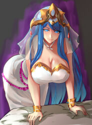 Rule 34 | 1girl, artist name, aura, bare shoulders, bent over, blue eyes, blue hair, breasts, cleavage, closed mouth, commentary, dark aura, dress, english commentary, eyelashes, fire emblem, fire emblem engage, grey background, highres, large breasts, looking at viewer, lumera (fire emblem), nintendo, rinku bny, solo, tiara, veil, white dress