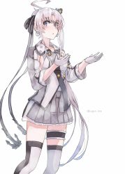 Rule 34 | 1girl, ahoge, akitsushima (kancolle), alternate color, gloves, grey hair, grey skirt, hair ornament, hair ribbon, highres, jacket, kantai collection, long hair, military, military uniform, pleated skirt, purple eyes, ribbon, side ponytail, sidelocks, simple background, skirt, solo, sugue tettou, thighhighs, twitter username, uniform, white background, white gloves, white thighhighs