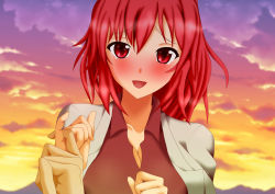 Rule 34 | 1girl, :d, absurdres, blush, breasts, cleavage, full-face blush, highres, horikawa raiko, jacket, large breasts, looking at viewer, miyabi hakuro, open mouth, pinky swear, pov, pov hands, red eyes, red hair, short hair, smile, solo focus, sunset, touhou, twilight