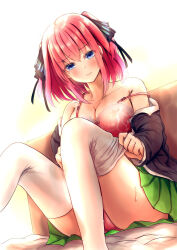 Rule 34 | 1girl, ayachanman, black cardigan, black ribbon, blue eyes, blush, bra, breasts, butterfly hair ornament, cardigan, cleavage, commentary request, go-toubun no hanayome, green skirt, hair ornament, hair ribbon, highres, large breasts, looking at viewer, nakano nino, off shoulder, open cardigan, open clothes, pink bra, pink hair, pleated skirt, removing legwear, ribbon, school uniform, shirt, short hair, simple background, skirt, solo, strap slip, sweat, thighhighs, thighhighs pull, two side up, underwear, white shirt, white thighhighs