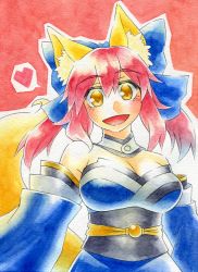 Rule 34 | 10s, 1girl, animal ears, bare shoulders, bow, breasts, cleavage, detached sleeves, fate/extra, fate (series), fox ears, fox tail, hair bow, hair ribbon, heart, japanese clothes, kawachi koorogi, marker (medium), pink hair, ribbon, short hair, smile, solo, speech bubble, spoken heart, tail, tamamo no mae (fate/extra), traditional media, twintails, yellow eyes