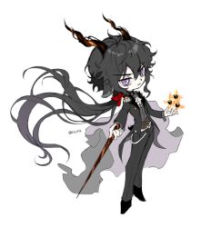 Rule 34 | 1boy, animal ears, arknights, black footwear, black hair, black jacket, black pants, bow, collared shirt, cube, dress shirt, ebenholz (arknights), floating hair, gloves, grey shirt, hair between eyes, hair bow, holding, holding wand, horns, jacket, long hair, long sleeves, looking at viewer, male focus, pants, parted lips, purple eyes, red bow, rio (rio773), shirt, shoes, simple background, solo, twitter username, v-shaped eyebrows, very long hair, wand, white background, white gloves