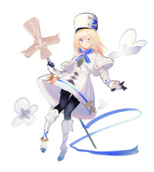 Rule 34 | 1girl, absurdres, armored boots, azur lane, black bodysuit, black gloves, black pantyhose, blonde hair, blue bow, blue bowtie, blue ribbon, blush, bodystocking, bodysuit, bodysuit under clothes, boots, bow, bowtie, breasts, capelet, closed mouth, cross, dress, eyepatch, floating, flower, flower eyepatch, flower over eye, full body, fur-trimmed capelet, fur trim, gauntlets, gloves, hat, highres, holding, holding staff, holding weapon, knee boots, le terrible (azur lane), long sleeves, looking at viewer, medium hair, moriri, one eye covered, pantyhose, purple eyes, ribbon, simple background, small breasts, smile, solo, staff, weapon, white background, white capelet, white dress, white footwear, white gloves, white hat