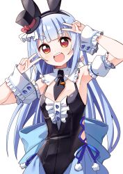 Rule 34 | 1girl, :o, animal ear hairband, animal ears, armpits, back bow, black dress, black hairband, black hat, black necktie, blue hair, blue skirt, blunt bangs, blush, bow, breasts, center frills, commentary, detached collar, detached sleeves, double v, dress, fake animal ears, frilled dress, frills, hairband, haru (konomi 150), hat, highres, hololive, large bow, long hair, looking at viewer, mini hat, mini top hat, necktie, official alternate costume, official alternate hairstyle, open mouth, orange eyes, pleated skirt, puffy detached sleeves, puffy short sleeves, puffy sleeves, rabbit ear hairband, rabbit ears, red eyes, short dress, short necktie, short sleeves, sidelocks, simple background, skirt, sleeveless, sleeveless dress, small breasts, solo, straight hair, thick eyebrows, tilted headwear, top hat, upper body, usada pekora, usada pekora (furi furi bunny dress), v, v-shaped eyebrows, v over head, virtual youtuber, white background, white sleeves, wrist cuffs