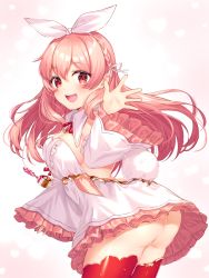 Rule 34 | 1girl, :d, absurdres, ass, atelier live, bad id, bad pixiv id, blush, braid, breasts, center frills, commentary request, detached sleeves, dress, frilled dress, frilled sleeves, frills, hair between eyes, highres, indie virtual youtuber, leaning forward, long hair, long sleeves, looking at viewer, looking to the side, medium breasts, open mouth, pink hair, pinku (vtuber), rabbit tail, red eyes, red thighhighs, smile, solo, tail, teeth, thighhighs, tsukiman, twisted torso, upper teeth only, very long hair, virtual youtuber, white dress, white sleeves