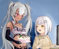Rule 34 | 2girls, alabama (azur lane), azur lane, bandeau, bare shoulders, beige sweater, bikini, bikini under clothes, black bikini, black gloves, blush, breasts, cake, character request, cleavage, clothes writing, commentary request, dark-skinned female, dark skin, detached collar, elbow gloves, facial mark, food, gloves, hakuro ovo, highres, holding, holding plate, long hair, long sleeves, looking at another, medium breasts, midriff, multiple girls, navel, open mouth, plate, red eyes, see-through, silver hair, stomach, strapless, sweater, swimsuit, tube top, twintails, upper body, very long hair, whisker markings, yellow eyes