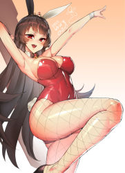 Rule 34 | 1girl, animal ears, armpits, bad id, bad pixiv id, bare shoulders, black hair, blush, breasts, cleavage, covered erect nipples, covered navel, detached collar, fake animal ears, fake tail, fishnet pantyhose, fishnets, high heels, iris yuma, large breasts, leotard, long hair, looking at viewer, open mouth, pantyhose, playboy bunny, rabbit ears, rabbit tail, red eyes, red leotard, shiny clothes, shiny skin, simple background, solo, soulworker, standing, standing on one leg, strapless, strapless leotard, suerte, tail