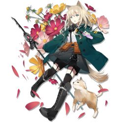 Rule 34 | 1girl, animal ears, arknights, black footwear, black skirt, black thighhighs, blonde hair, blouse, boots, cross-laced footwear, dog, dog ears, dog tail, flower, full body, garter straps, gas mask, hair between eyes, holding, holding test tube, knee boots, lace-up boots, long sleeves, looking away, mask, mask around neck, medium hair, official art, petals, podenco (arknights), shirt, shorts, shorts under skirt, skirt, staff, tachi-e, tail, test tube, thighhighs, transparent background, white shirt