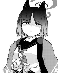 Rule 34 | 1girl, absurdres, animal ears, blue archive, bright pupils, cat&#039;s cradle, cat ears, choker, greyscale, halo, hands up, haori, highres, japanese clothes, kikyou (blue archive), long sleeves, looking at viewer, monochrome, neckerchief, parted bangs, poyo (hellmayuge), raised eyebrow, ribbon choker, sailor collar, school uniform, serafuku, short hair, solo, upper body, white background