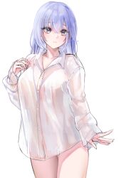 Rule 34 | 1girl, absurdres, blue hair, blush, breasts, collarbone, highres, idolmaster, idolmaster shiny colors, large breasts, long sleeves, looking at viewer, naked shirt, open collar, see-through silhouette, shirt, simple background, solo, suzuki hana, vegabond (tumz4458), white background