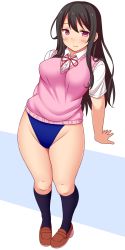Rule 34 | 1girl, bad id, bad pixiv id, black hair, highleg, highleg swimsuit, highres, long hair, neri sachiko, no pants, one-piece swimsuit, original, red eyes, school uniform, shoes, solo, sweater vest, swimsuit, swimsuit under clothes
