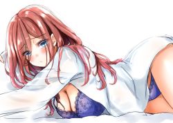 Rule 34 | 1girl, ayachanman, bed sheet, blue eyes, blush, borrowed clothes, bra, breasts, brown hair, cleavage, closed mouth, collared shirt, commentary request, go-toubun no hanayome, highres, lace, lace-trimmed bra, lace trim, large breasts, long hair, long sleeves, looking at viewer, lying, nakano miku, on side, panties, purple bra, purple panties, shirt, simple background, solo, underwear, white background, white shirt