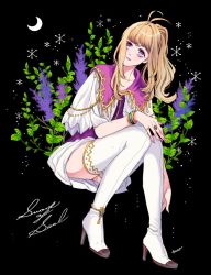 Rule 34 | 1girl, blonde hair, bracelet, clarine, fire emblem, fire emblem: the binding blade, full body, jewelry, leaf, looking at viewer, nintendo, plant, ponytail, purple eyes, ring, signature, sitting, skirt, solo, thighhighs, tsuko (25mnts)