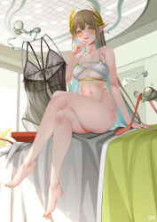 Rule 34 | 1girl, absurdres, arknights, bare arms, bare shoulders, barefoot, bottomless, bra, commentary request, crossed legs, d. joko, grey hair, highres, indoors, long hair, looking at viewer, muelsyse (arknights), nail polish, navel, parted lips, pointy ears, sitting, smile, solo, stomach, underwear, very long hair, white bra, yellow eyes